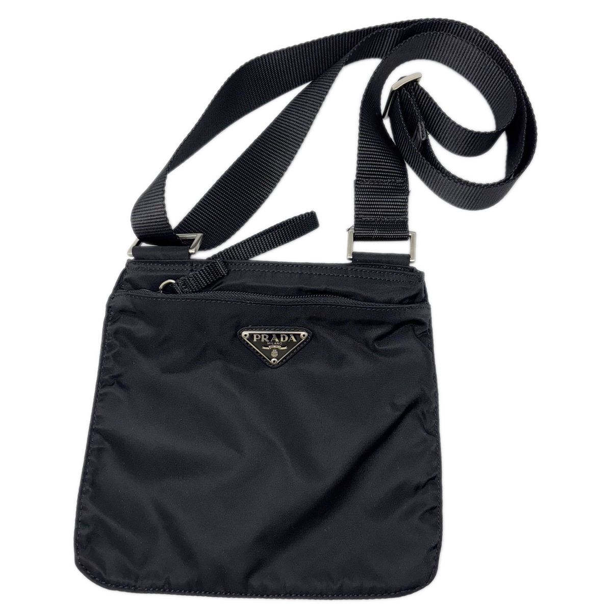 プラダ ナイロン ミニ ショルダー バッグ マチなし ブラック シルバー VELA B 7372 メンズ レディース