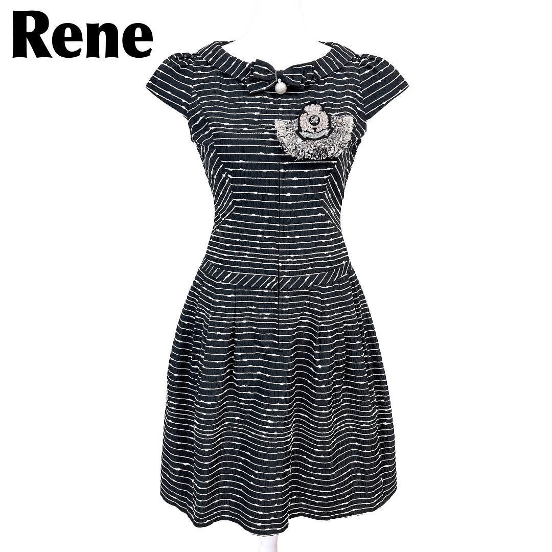 Rene 半袖ワンピース コサージュ付き 36 ブラック ボーダー