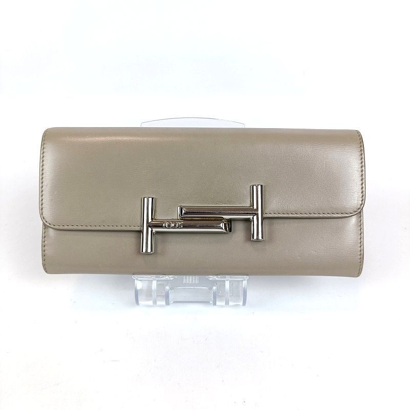 【中古】トッズ TOD'S 美品 長財布 ロングウォレット ダブルT ロゴ金具 フラップ 小銭入れ レザー 赤 レッド TOD'S トッズ 長財布 ダブルT 本革 レザー グレー系 金具シルバー