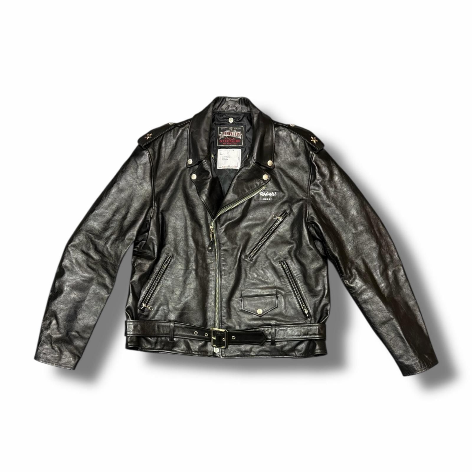 参考上代253000円 sacai MADSAKI 22 AW Schott Leather Blouson バックプリント ダブルライダース レザージャケット コラボ ショット サカイ マサキ 02878 M ブラック 4 6116