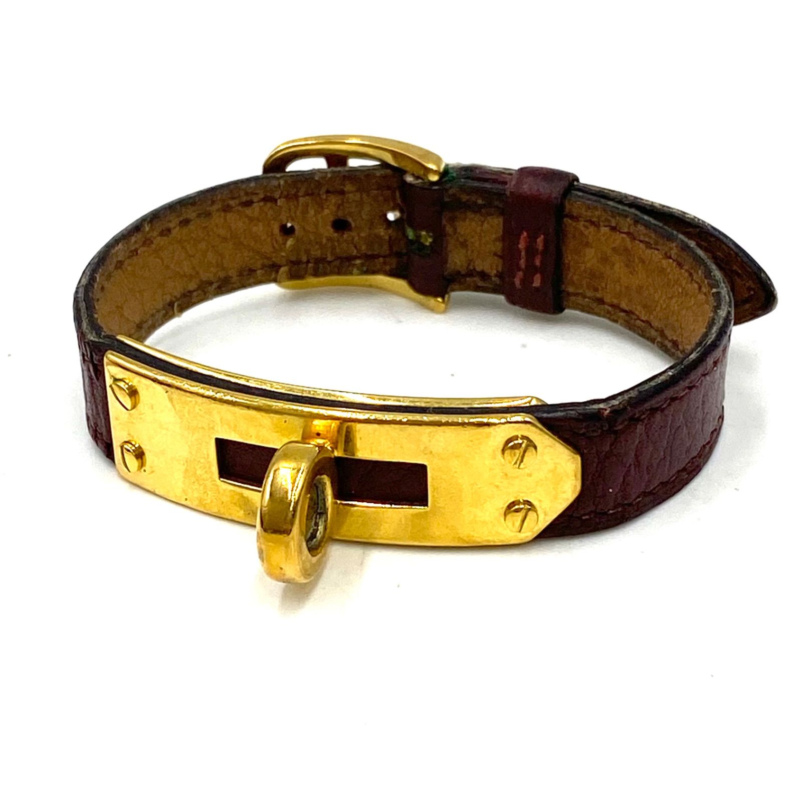 HERMES エルメス ケリー ウォッチ バングル ブレスレット レザー レッド系 ゴールド金具 ヴィンテージ