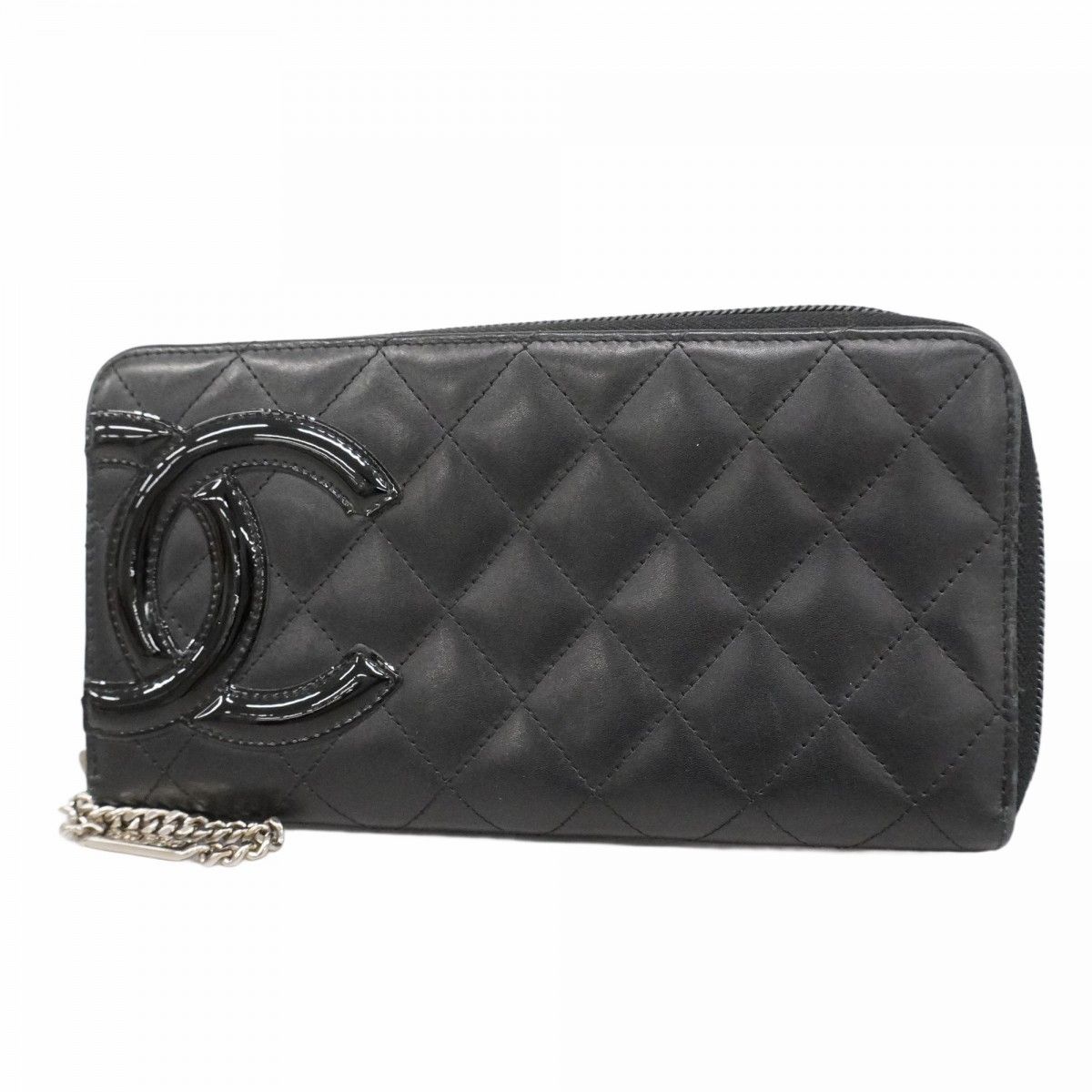 5pe6985-k】シャネル 長財布 カンボン ラムスキン ブラック シルバー