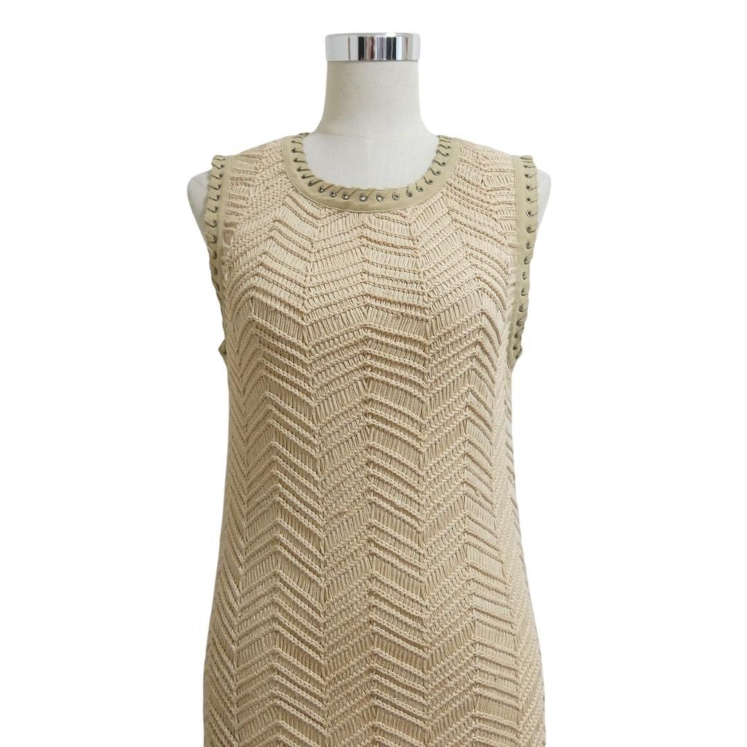 Salvatore Ferragamo サルヴァトーレフェラガモ サイズⅬ コットン 編み込み タイト クルーネック 膝丈 ノースリーブ ワンピース ドレス ベージュ レディース