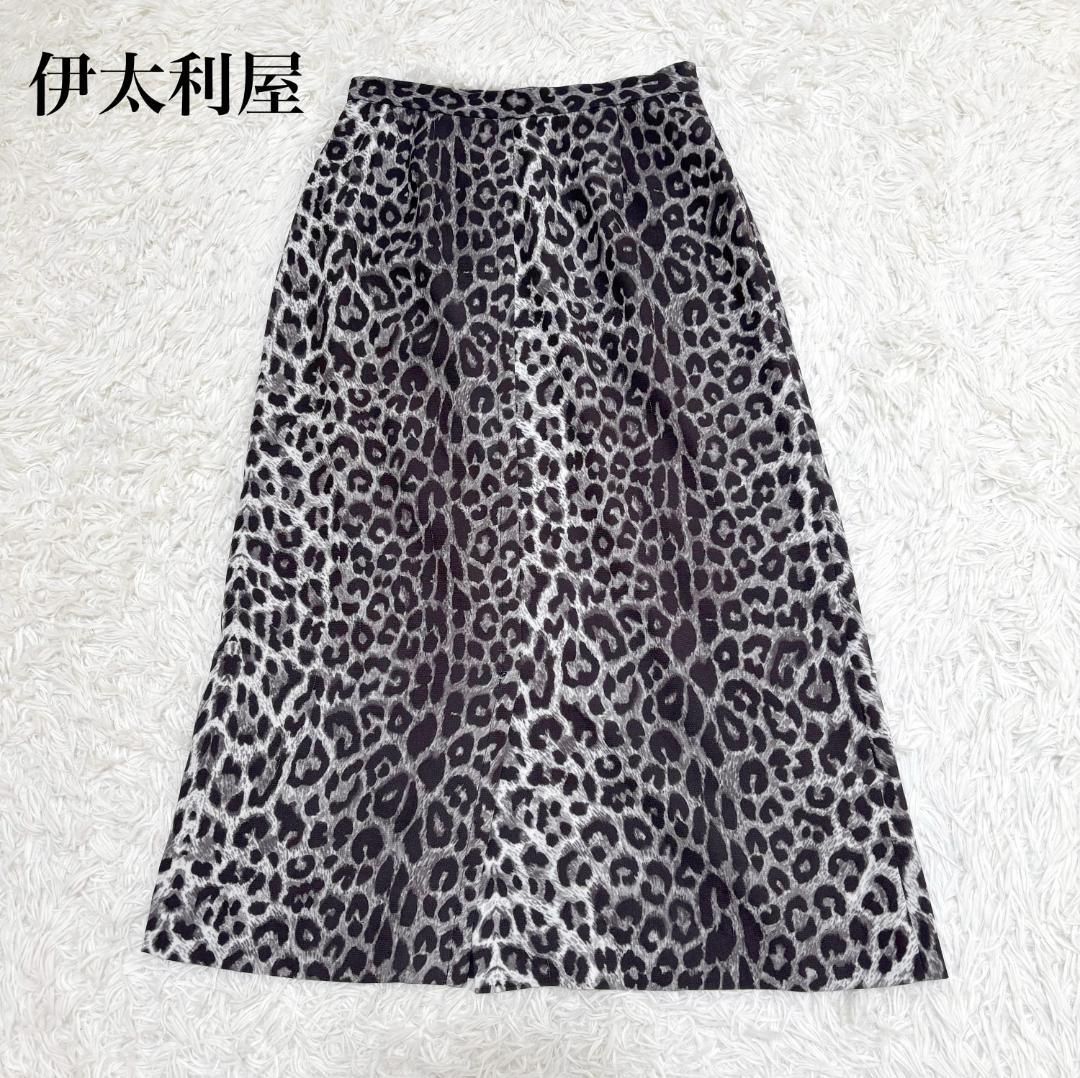 美品】伊太利屋 レオパード柄ストレッチロングスカート 9 M グレー