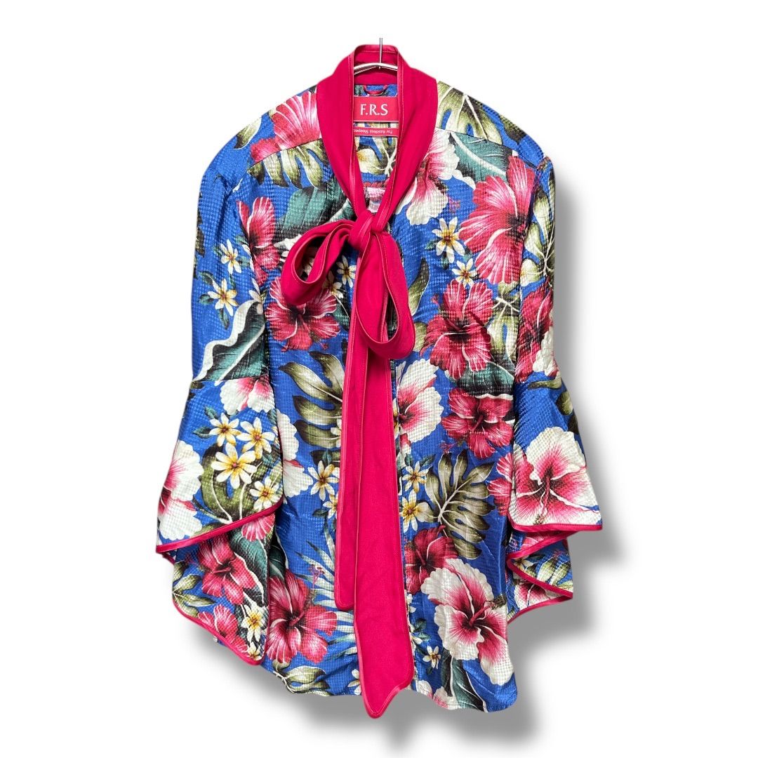 F R S For Restless Sleepers フォーレスレススリーパース ボタニカルシャツ ボウタイ フリルスリーブ 花柄 ボタニカル柄 シルク混 羽織り イタリア製 レディース サイズXS ブルー系 春 1 No K 1156