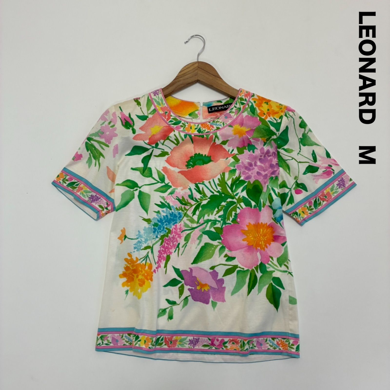 新品 LEONARD FASHION 花柄 半袖 カットソー ピンク LL LEONARD レオナール☆半袖Tシャツ プルオーバー M 花柄ホワイト