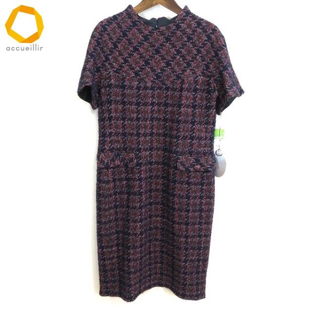 w ダーマ DAMA 半袖 ニット ワンピース 15号 紺 マルチ チェック ラメ ウール混 日本製 大きいサイズ タグ付き レディース 954080 k 01
