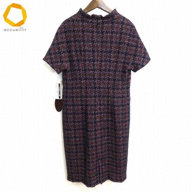w ダーマ DAMA 半袖 ニット ワンピース 15号 紺 マルチ チェック ラメ ウール混 日本製 大きいサイズ タグ付き レディース 954080 k 01