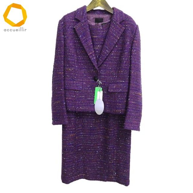 w ダーマ DAMA ワンピーススーツ 13号 紫 マルチ ツイード ラメ ウール混 大きいサイズ 日本製 タグ付き レディース 954085 k 01