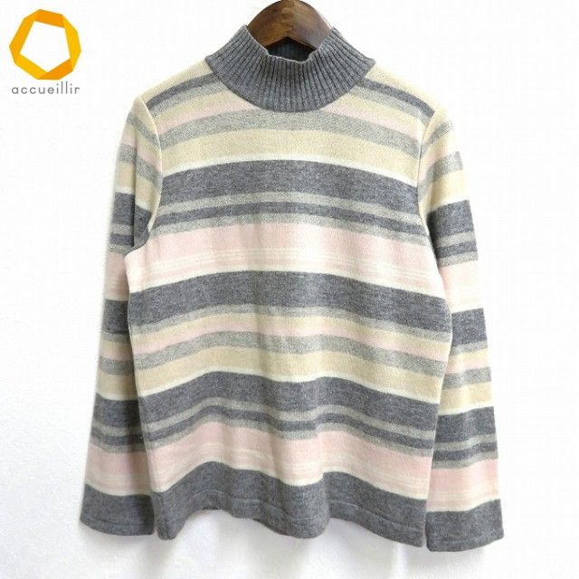 w レリアン Leilian ニット セーター 11 グレー系 ピンク マルチ ボーダー ラメ ハイネック カシミヤ 日本製 レディース 972748 k 01