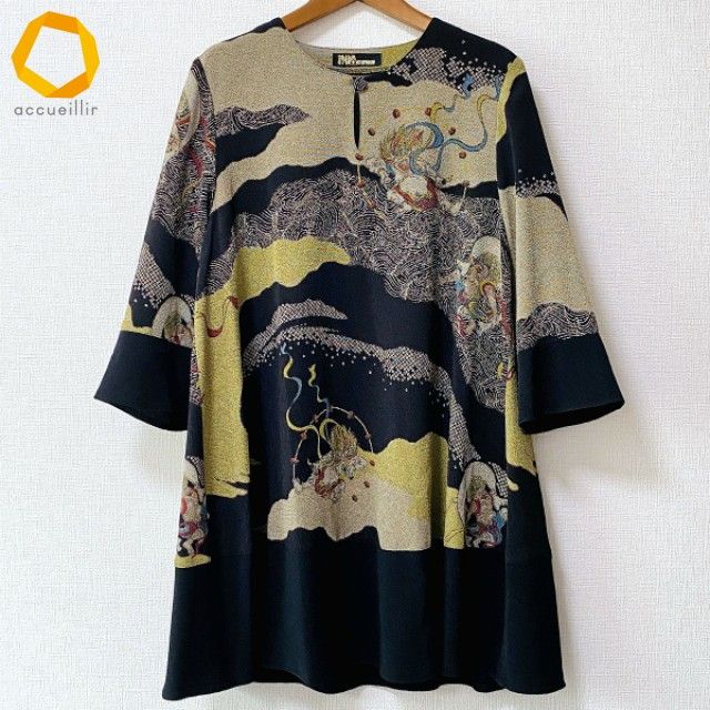 anc シセンドウ 詩仙堂 ヒトシタムラ チュニック 黒 ベージュ系 黄緑系 ちりめん 風神雷神 ゴールドタグ レディース 975002