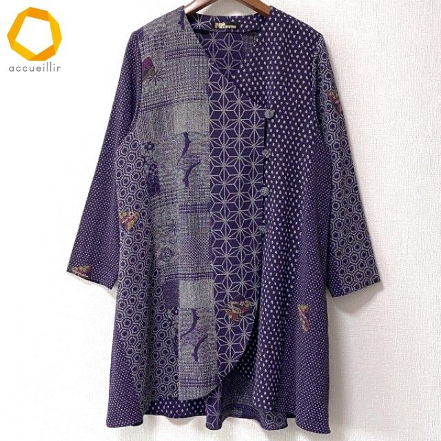 anc シセンドウ 詩仙堂 ヒトシタムラ チュニック 紫 グレー ちりめん ゴールドタグ 鹿の子柄 和柄 レディース 975008