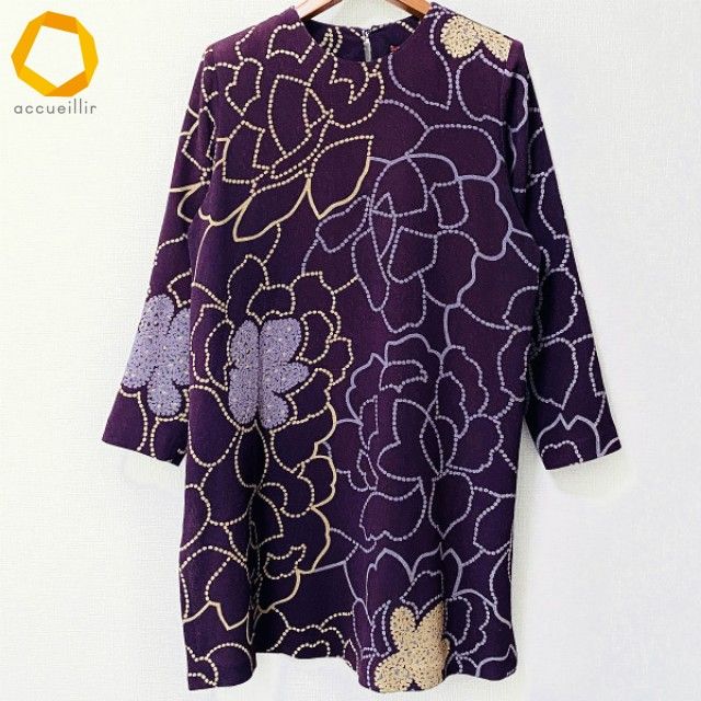 anc シセンドウ 詩仙堂 ヒトシタムラ チュニック 紫系 黄土色 ちりめん バックボタン 総柄 レディース 975104