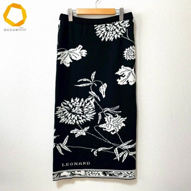 wnc レオナール LEONARD スカート 黒 白 ニット 花柄 ロゴ フランス製