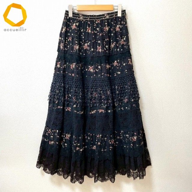 anc ノンノンドール non dorl ムッシュ榊 スカート 黒 マルチ 花柄 ティアード レース フリル ゴールドラメ レディース 982450