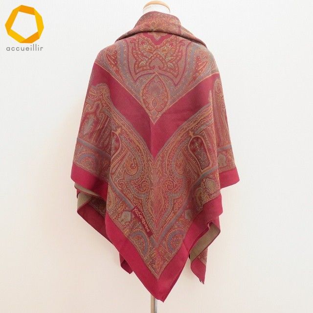 wnzm イヴサンローラン Yves Saint Laurent ストール ショール えんじ 緑系 黄土色 大判 ペイズリー柄 ヴィンテージ レディース 983416