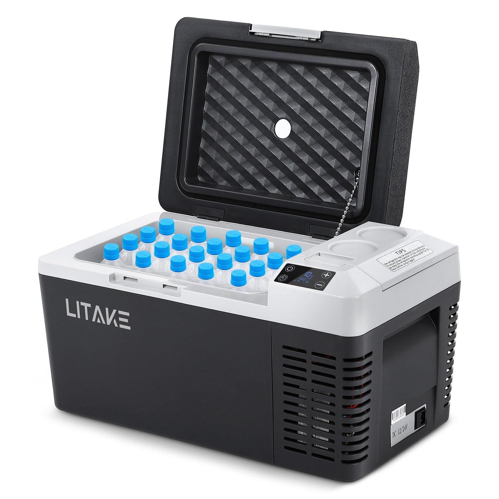 Litake 20 L ポータブル 車載冷蔵庫 バッテリー内蔵 DC 12 V 24 AC 100 22℃ 10℃ 急速冷凍 4電源タイプ対応 低電圧保護 小型静音 車と家庭に適用 室内灯付き 車内や屋外で使用 LZ ブラック