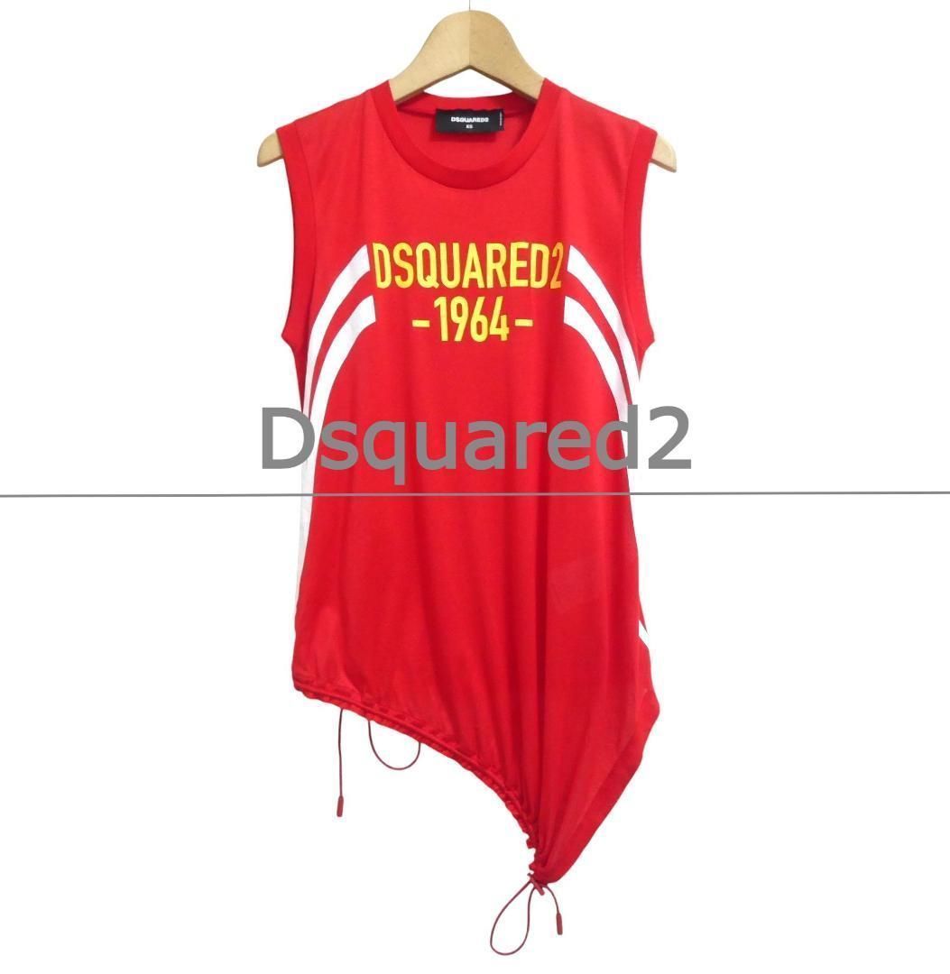 Dsquared 2 ディースクエアード サイズXS コットン ロゴ プリント ドローコード アシンメトリー クルーネック ノースリーブ カットソー タンクトップ 赤 レッド レディース