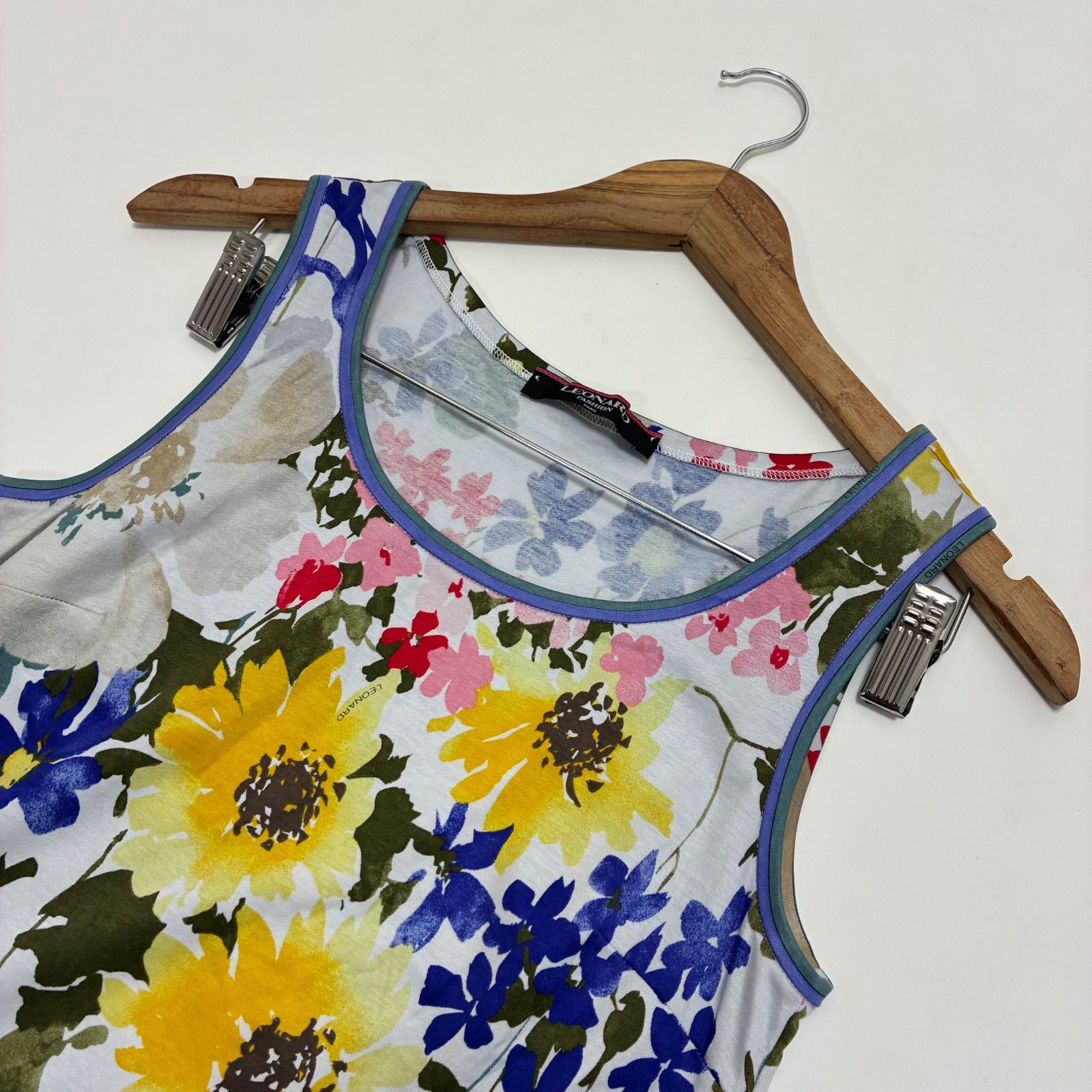 LEONARD レオナール☆タンクトップ コットン100% M グレー 花柄 トリム