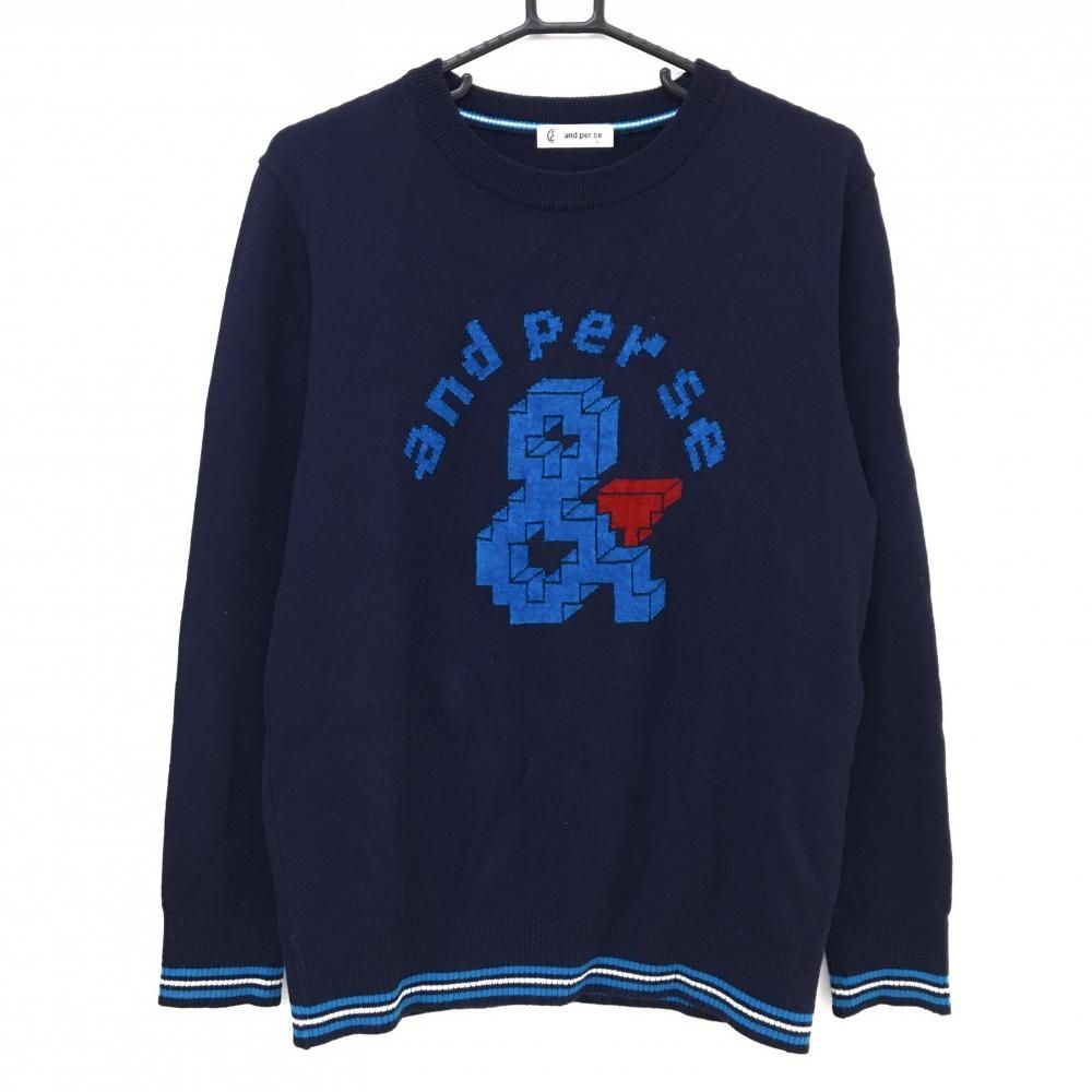 アンパスィ セーター ネイビー ライトブルー フロントロゴ ウール混 ニット メンズ M ゴルフウェア and per se