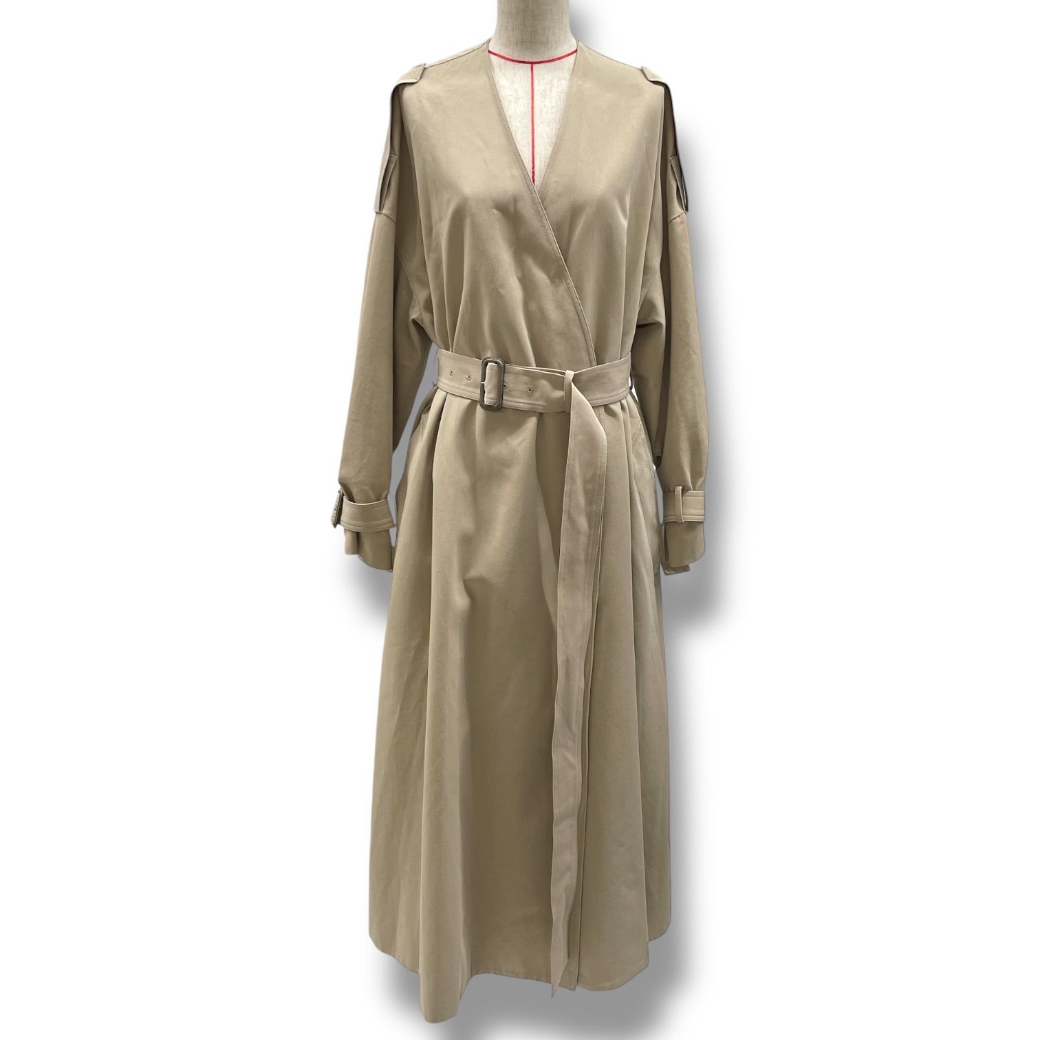 ebure エブール ノーカラートレンチコート ベルト付き ロングコート アウター ジャケット スリット 長袖 ベージュ レディース 春 秋 ゴーゴー古着 12 No 1483
