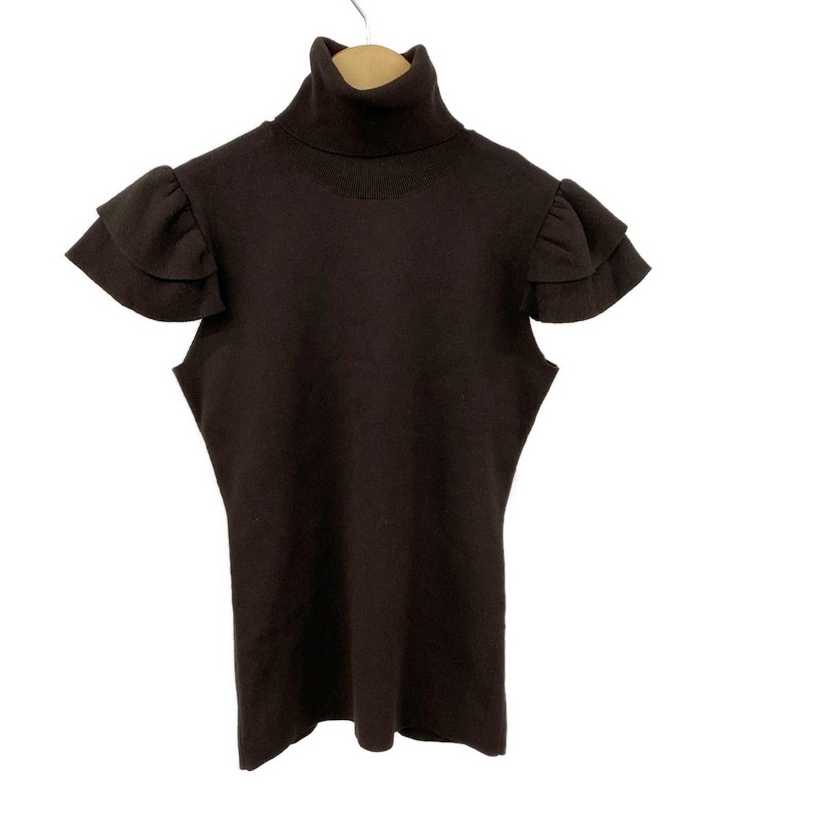 美品】フォクシー 半袖ハイネックニット裾プレートロゴ 40 無地 オフ