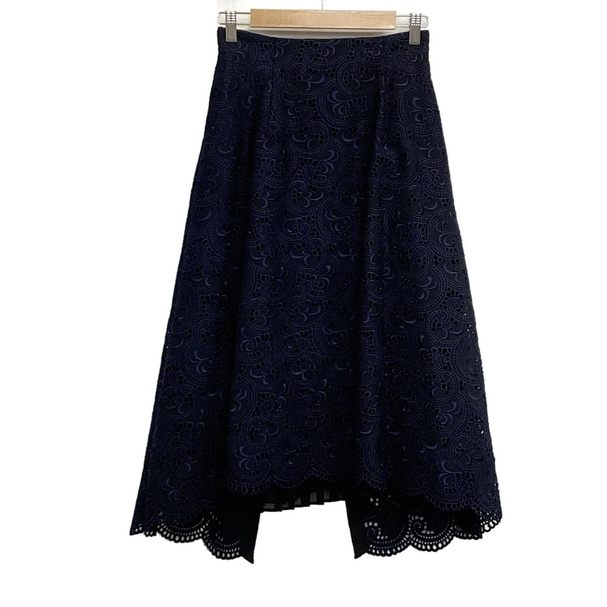 SHE Tokyo シートーキョー スカート サイズ36 S レディース 黒 ネイビー ひざ丈 刺繍 プリーツ