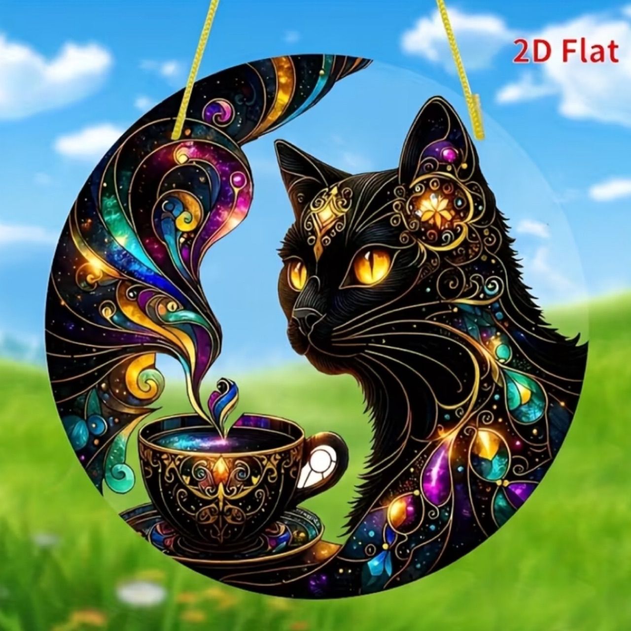 黒猫とキャットフード ヴィンテージ ステンドグラス ローウェル・エレーロ 黒猫とキャットフード ヴィンテージ ステンドグラス ローウェル・エレーロ