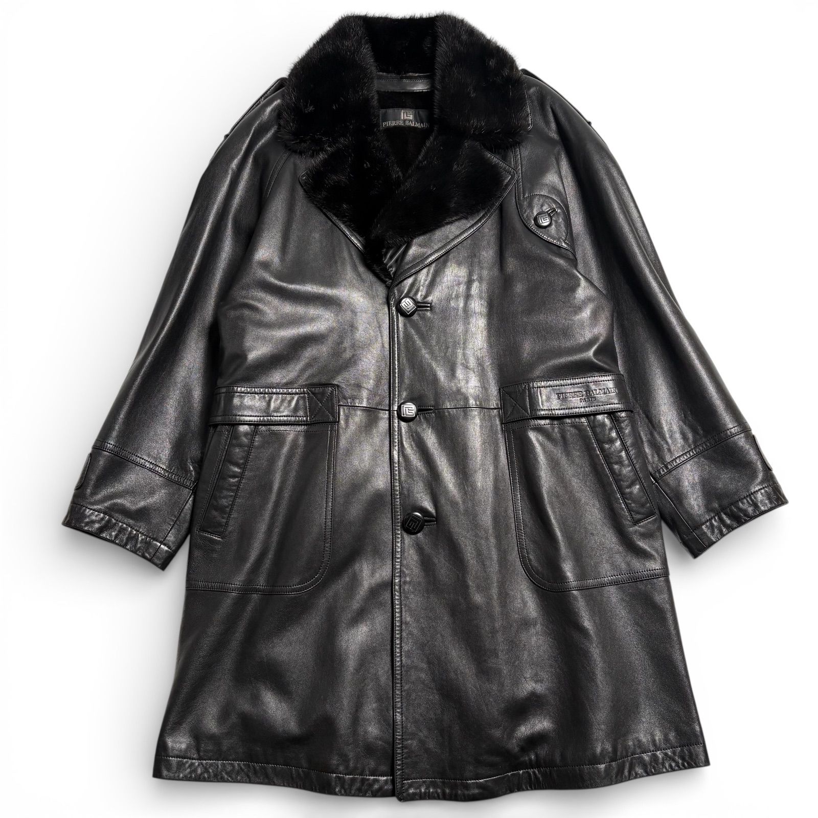 BALMAIN paris ブラック レザー ロングジャケット BALMAIN レザージャケット 52 ブラック ホースレザー | MixTHINKS