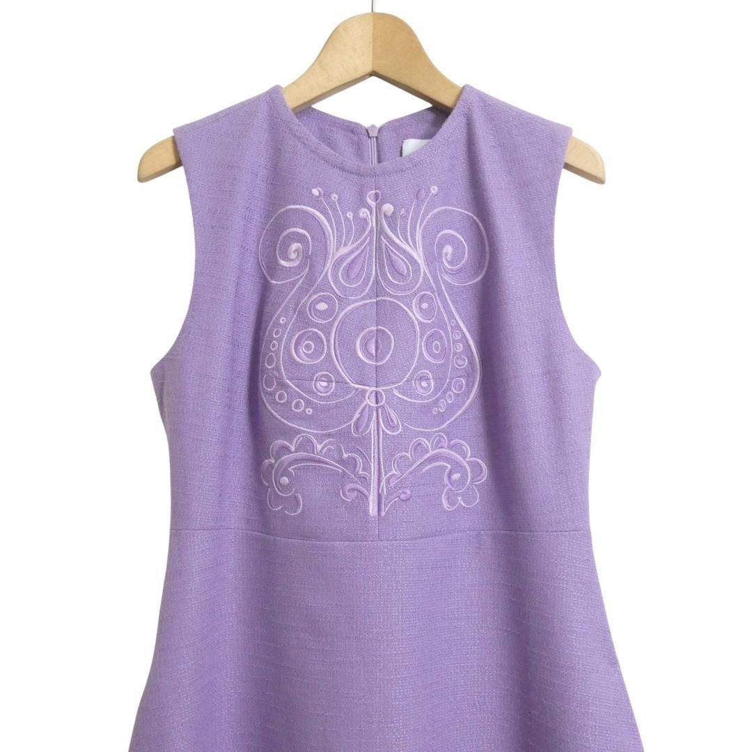 PATOU パトゥ サイズ36 オーガニックツイード 刺繍 ミニ丈 膝丈 クルーネック ノースリーブ ワンピース ミニドレス チュニック 紫 パープル レディース