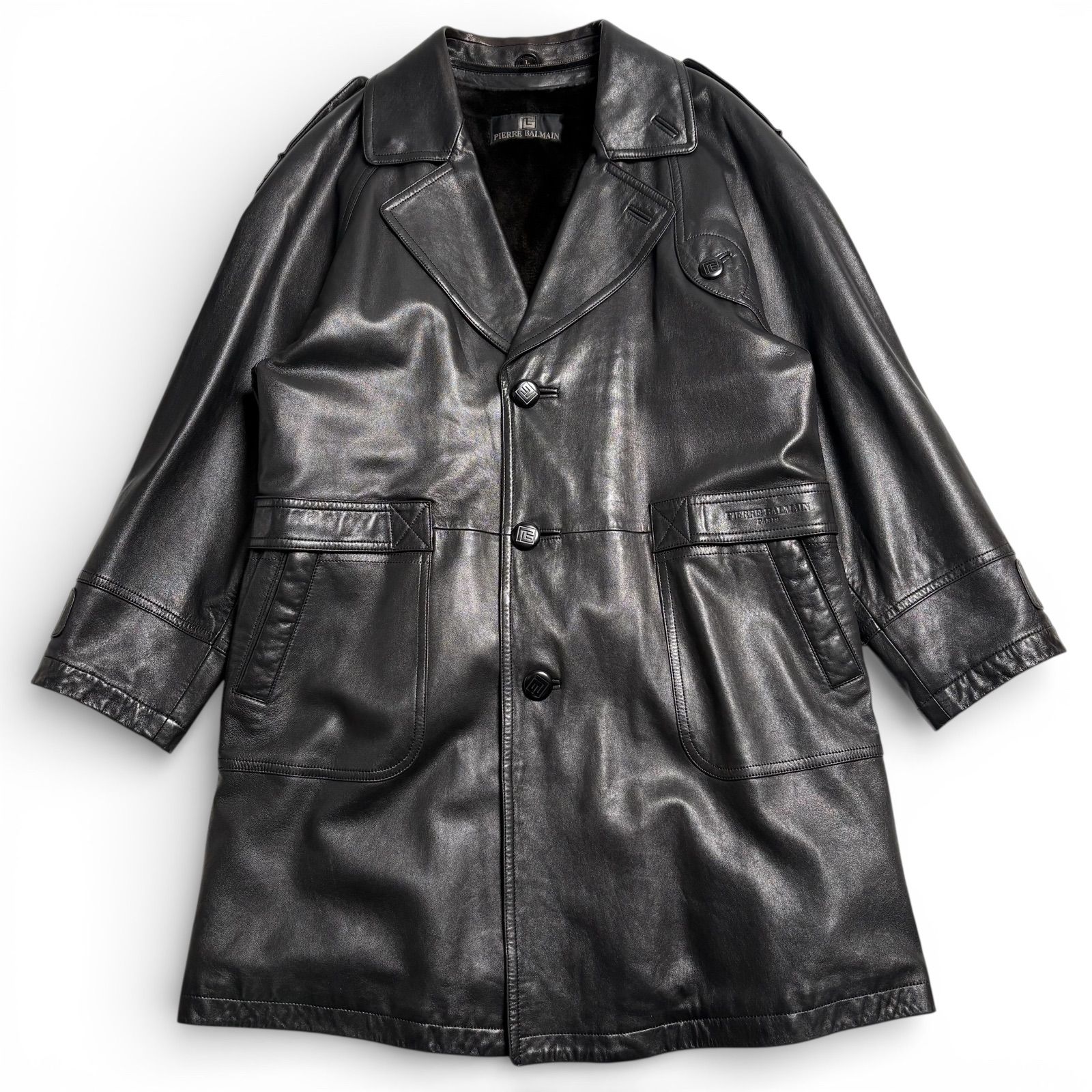 日本製】PIERRE BALMAIN レザージャケット 黒 L トレンチコート ミンク