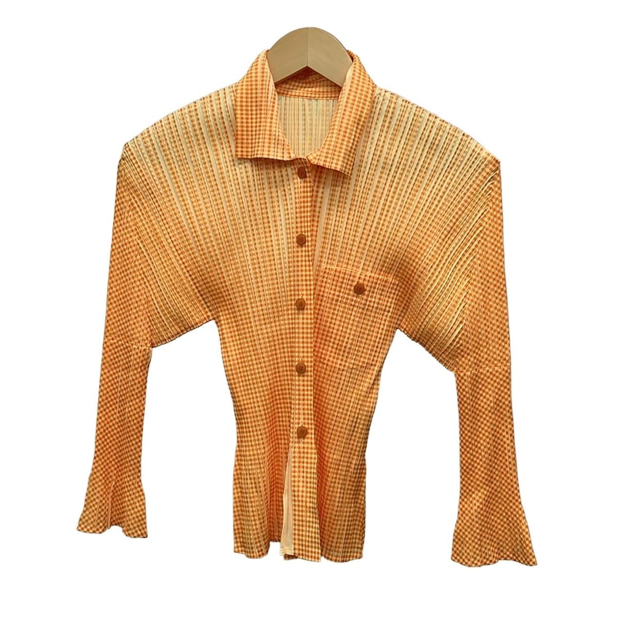 PLEATS PLEASE プリーツプリーズ 長袖シャツブラウス サイズ3 L レディース - オレンジ×ダークイエロー チェック柄|プリーツ