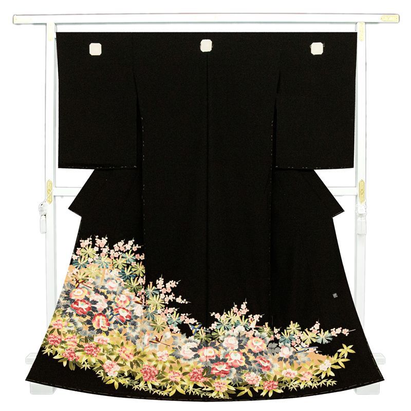 記念感謝祭 仕立無料 最 本加賀友禅手描き美術工芸品特撰黒留袖 王朝庭園四季花鳥文多色染 北悦夫先生作