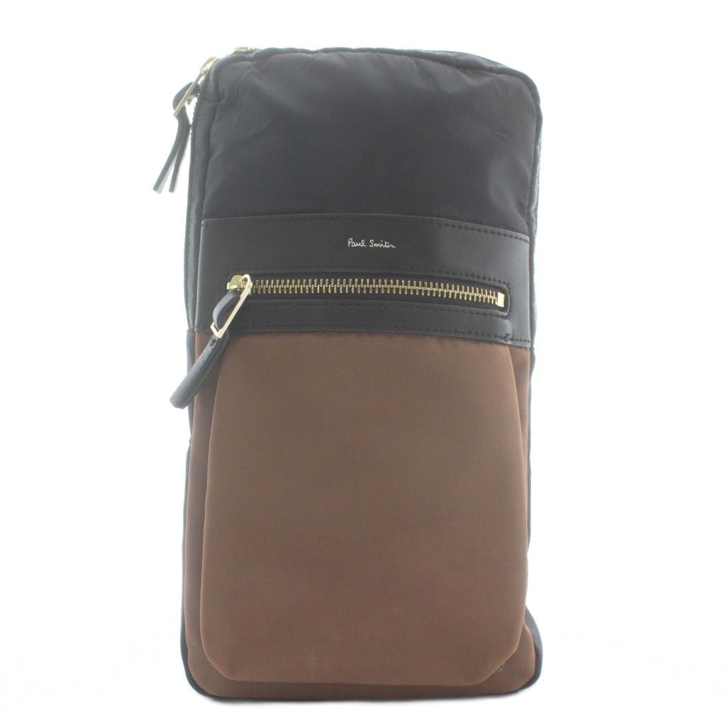 ポールスミス PAUL SMITH ユーティリティポケット ボディバッグ ショルダーバッグ ナイロン バイカラー ロゴ 黒 ブラック 茶色 ブラウン XZ GY 18