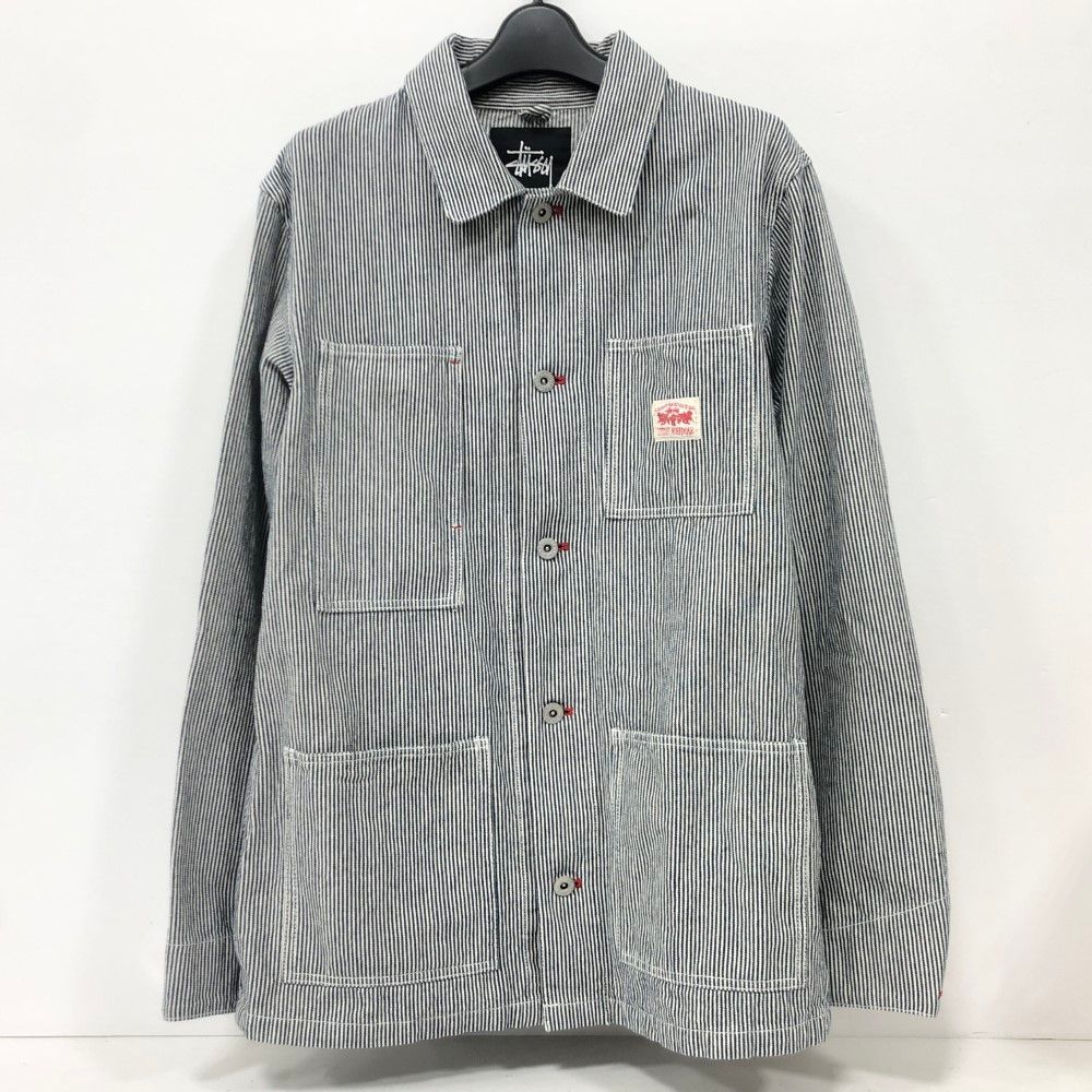 07 w 1156 STUSSY ステューシー ヒッコリーストライプ カバーオール シャツジャケット メンズ ネイビー Mサイズ 品