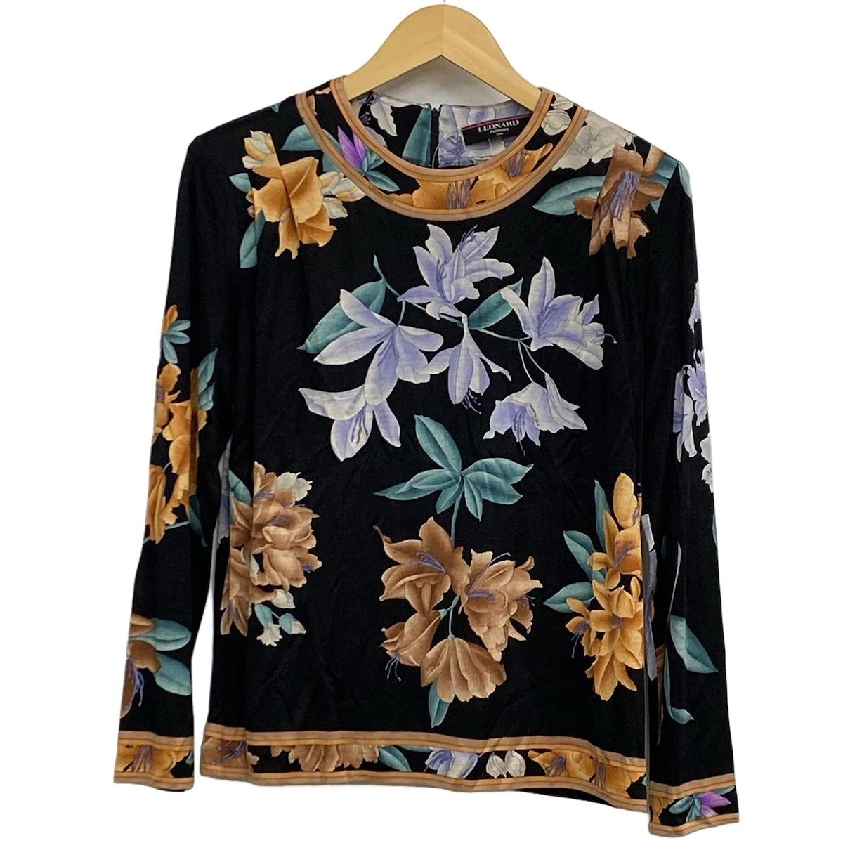 美品✨LEONARD レオナール シルク混 カットソー トップス 花柄長袖 L LEONARD(レオナール) 長袖カットソー サイズL レディース美品 - 黒