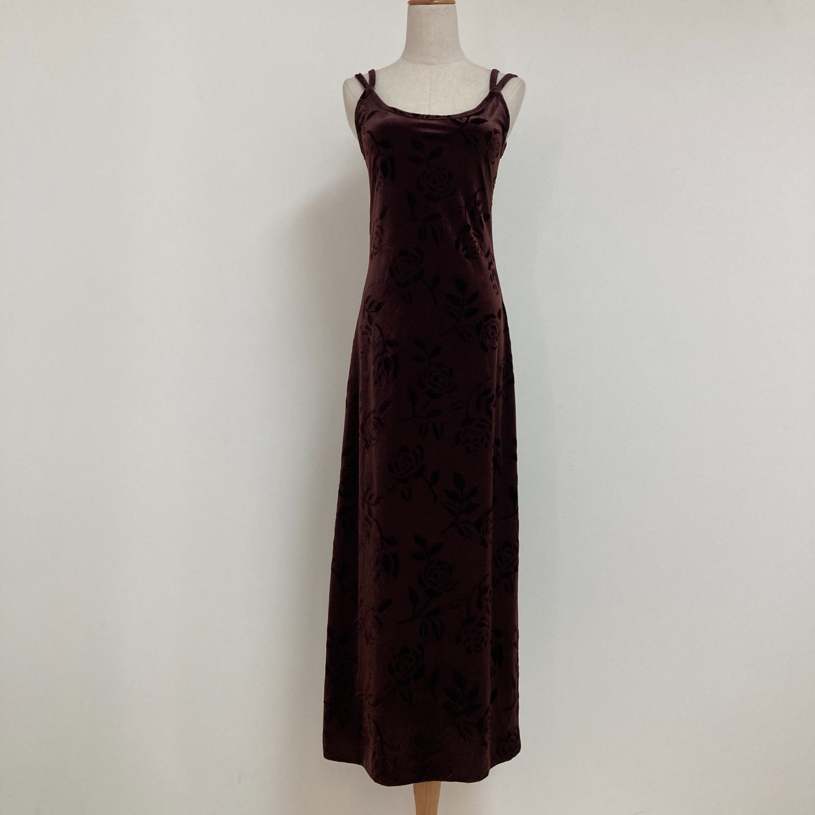 70 s フランス製 ヴィンテージ ロングキャミワンピース ベロア Sサイズ程度 薔薇柄 花柄 ブラウン系