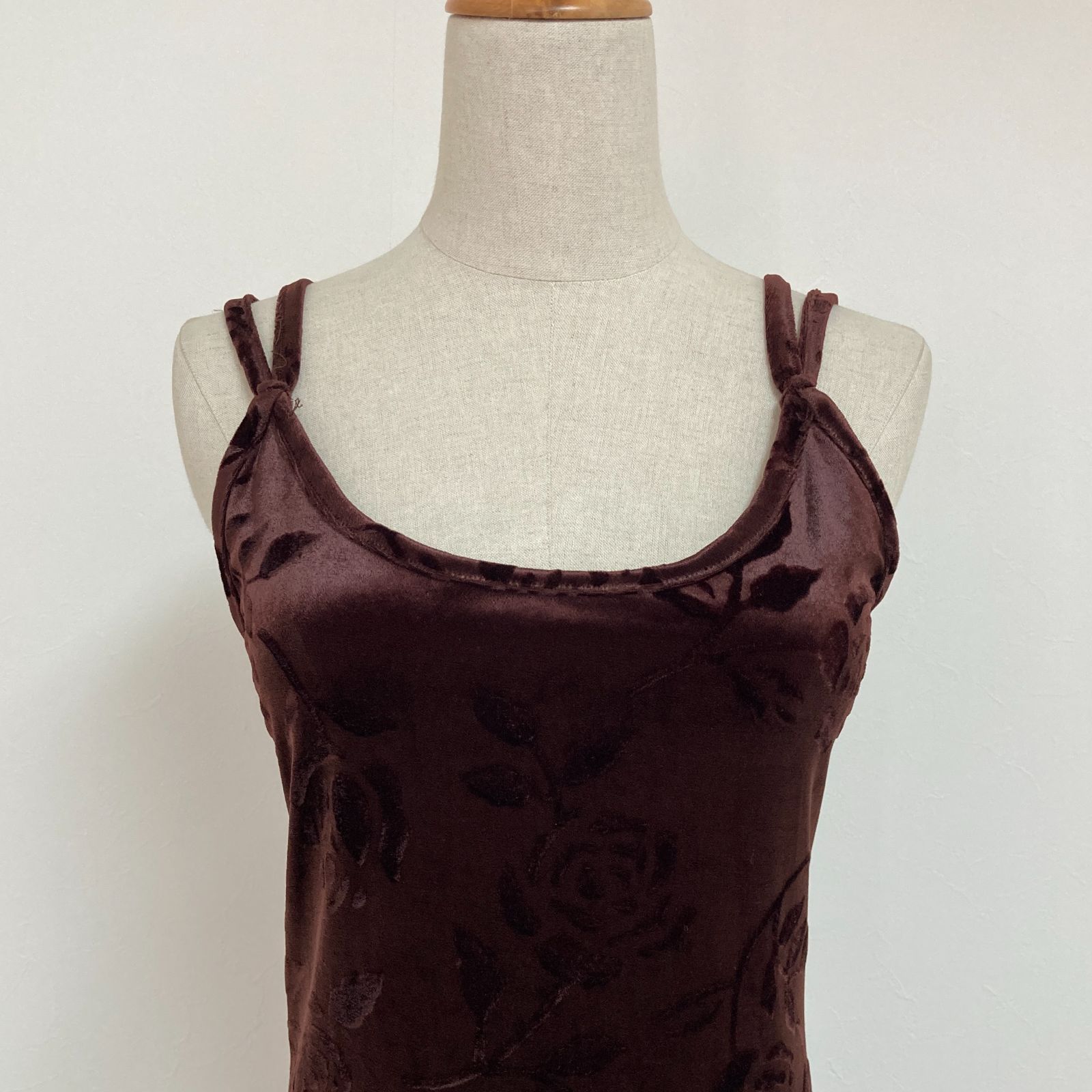 70 s フランス製 ヴィンテージ ロングキャミワンピース ベロア Sサイズ程度 薔薇柄 花柄 ブラウン系