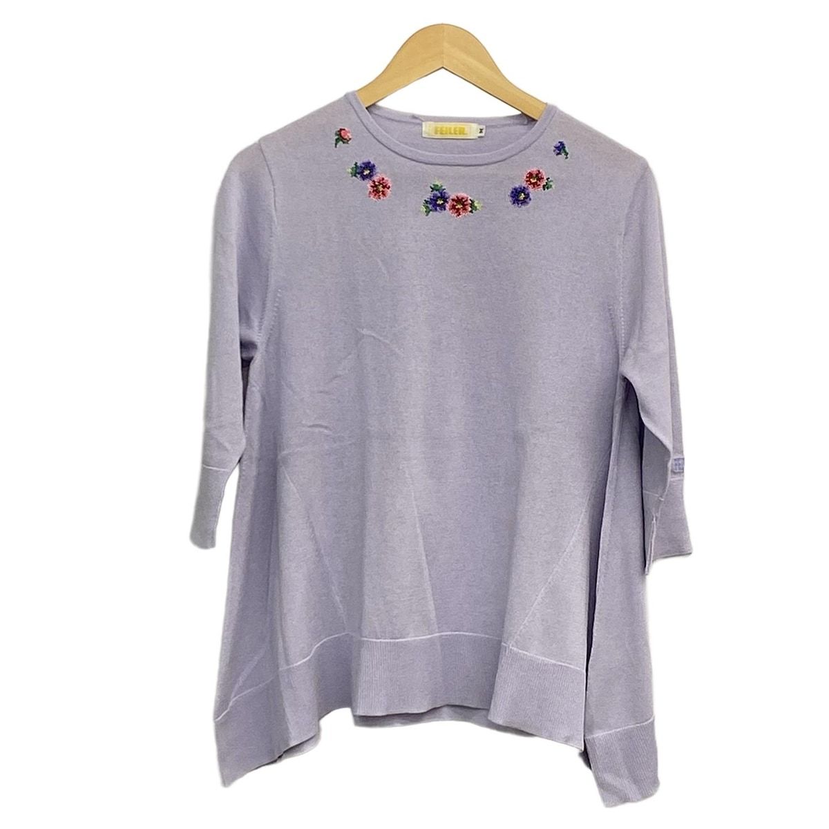 FEILER フェイラー チュニック サイズM レディース ライトパープル ピンク マルチ クルーネック 長袖 刺繍 フラワー 花