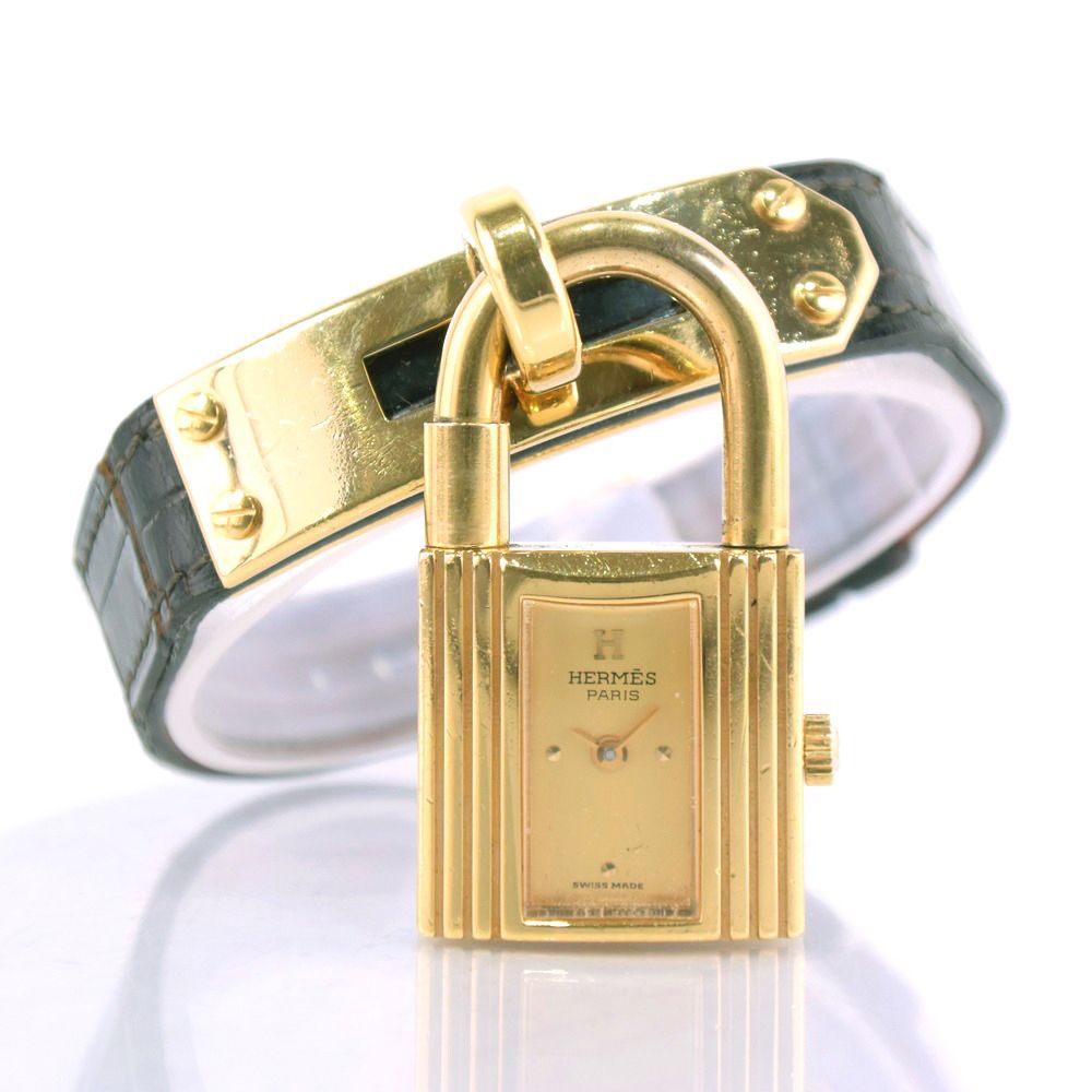 【HERMES】エルメス ケリーウォッチ  金メッキ×クロコダイル 黒 〇W クオーツ アナログ表示 レディース 黒文字盤 腕時計 HERMES - 【HERMES】エルメス ケリーウォッチ クロコダイル×金メッキ