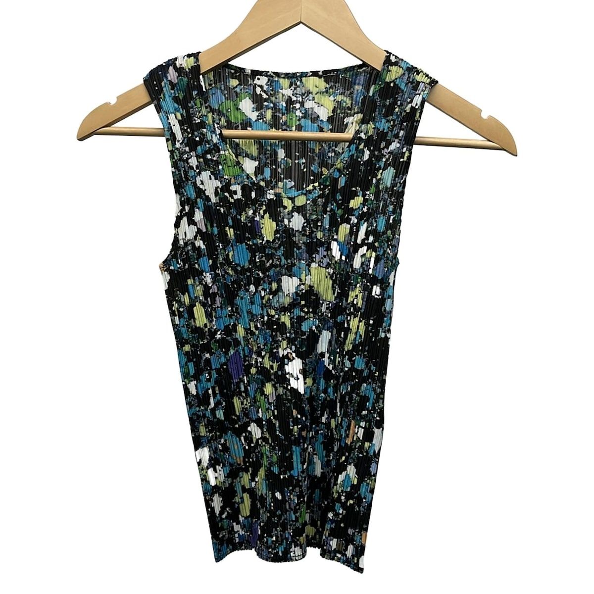 プリーツプリーズ ノースリーブカットソー サイズ3 L レディース 黒 ブルーグレー マルチ クルーネック プリーツ 総柄