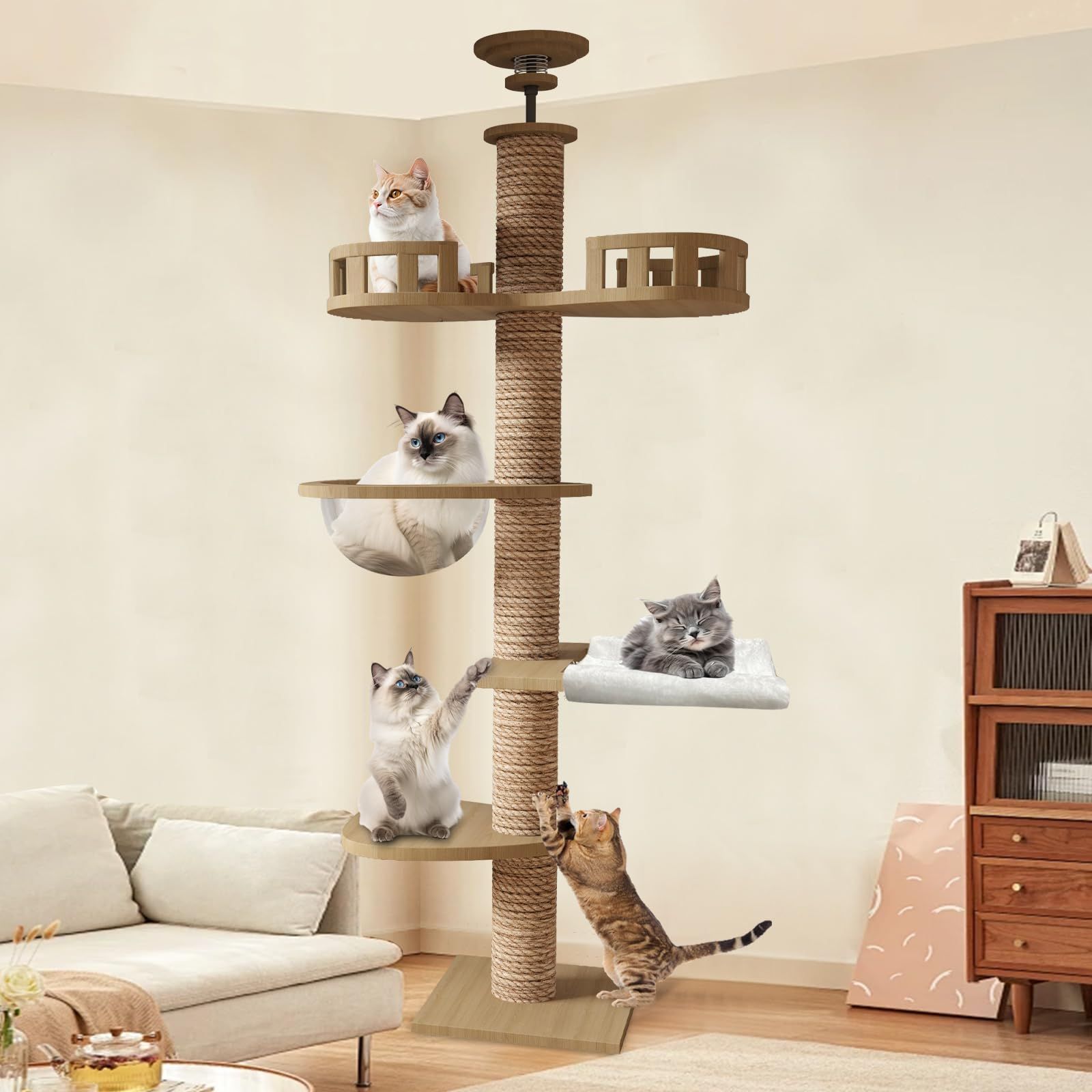 キャットタワー 突っ張り 木製 キャットツリー 木登りタワー 多層無垢材 太い支柱 スリム 宇宙船 ハンモック 多頭飼い 大型猫用 猫タワー おしゃれ 爪とぎ つめとぎ 猫 かわいい ねこ キャットウォーク 安定性良い 高さ調整幅235 260 cm 高さ