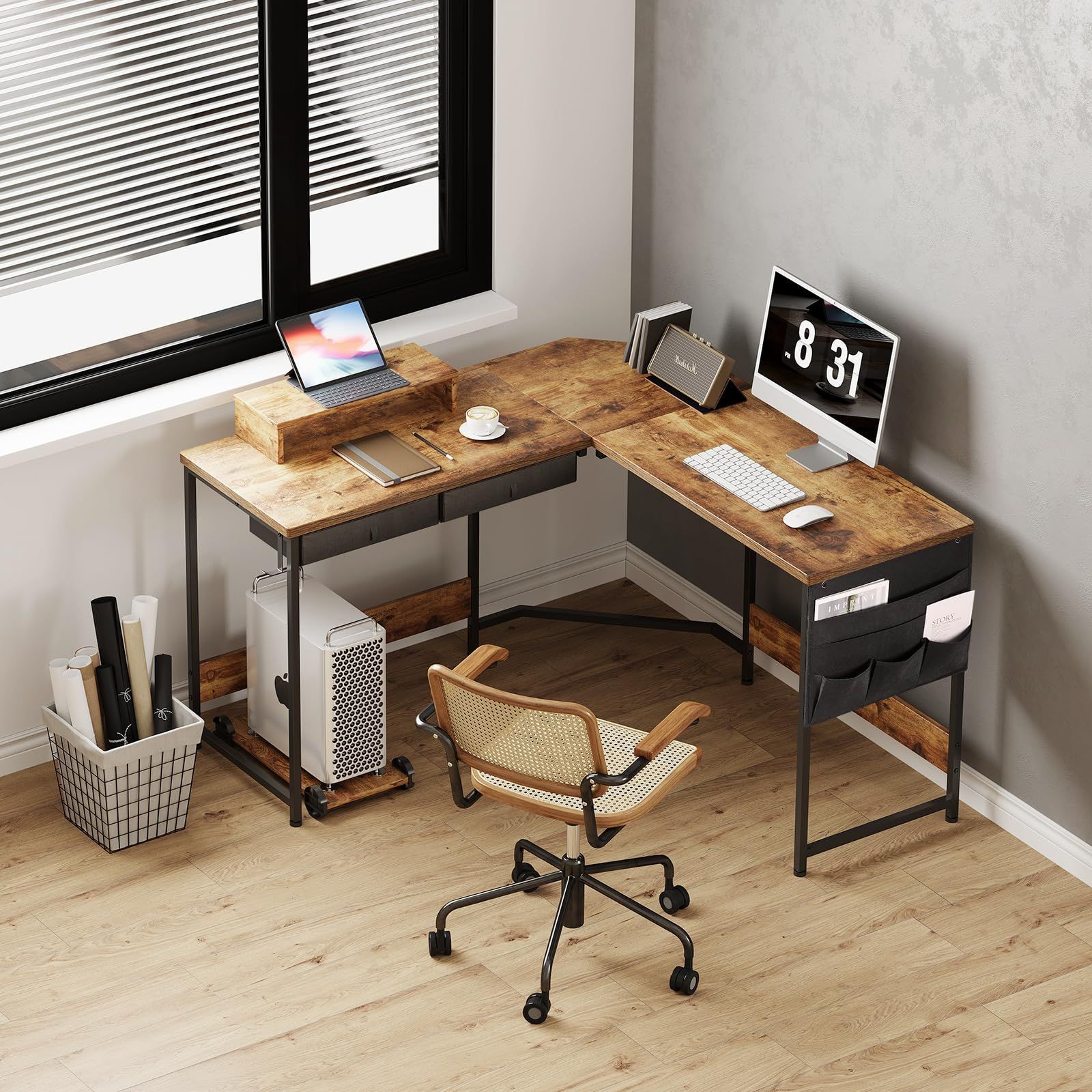 l字デスク机 pcデスク 作業机 125cm x 125cm ゲーミングデスク 収納袋