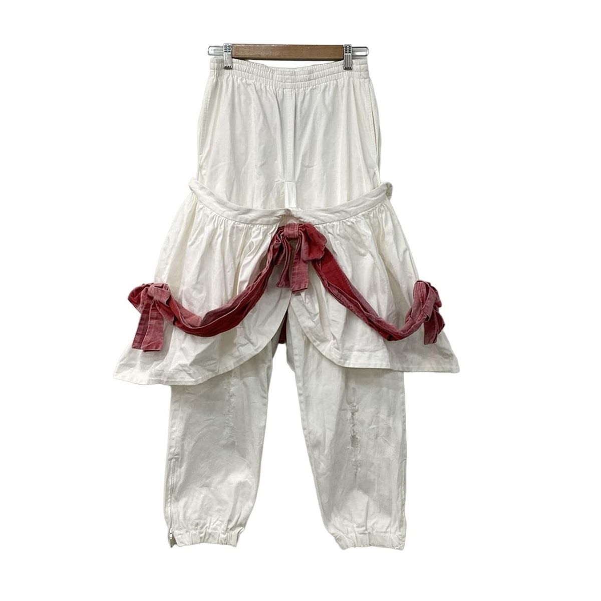 JENNY FAX ジェニー ファックス パンツ サイズF レディース - 白×レッド フルレングス|リボン|ダメージ加工|ウエストゴム