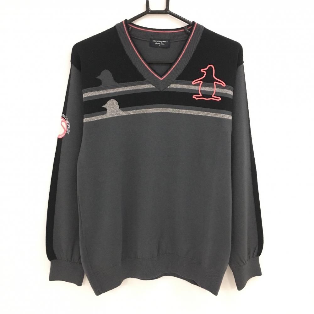 超美品】マンシングウェア セーター グレー×黒×ピンク ニット ウール