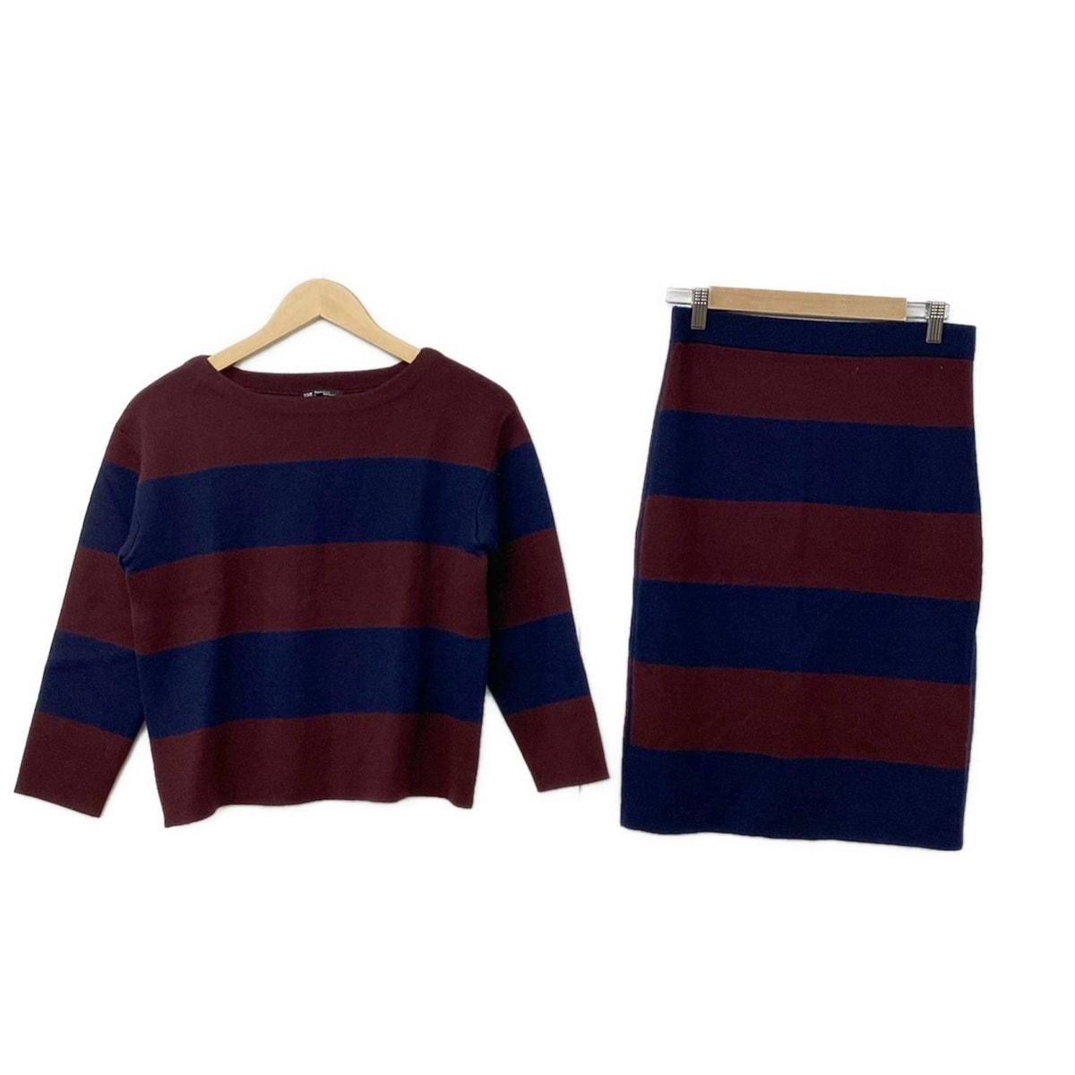 23区 ニジュウサンク スカートセットアップ レディース ボルドー ネイビー ニット ボーダー ウエストゴム