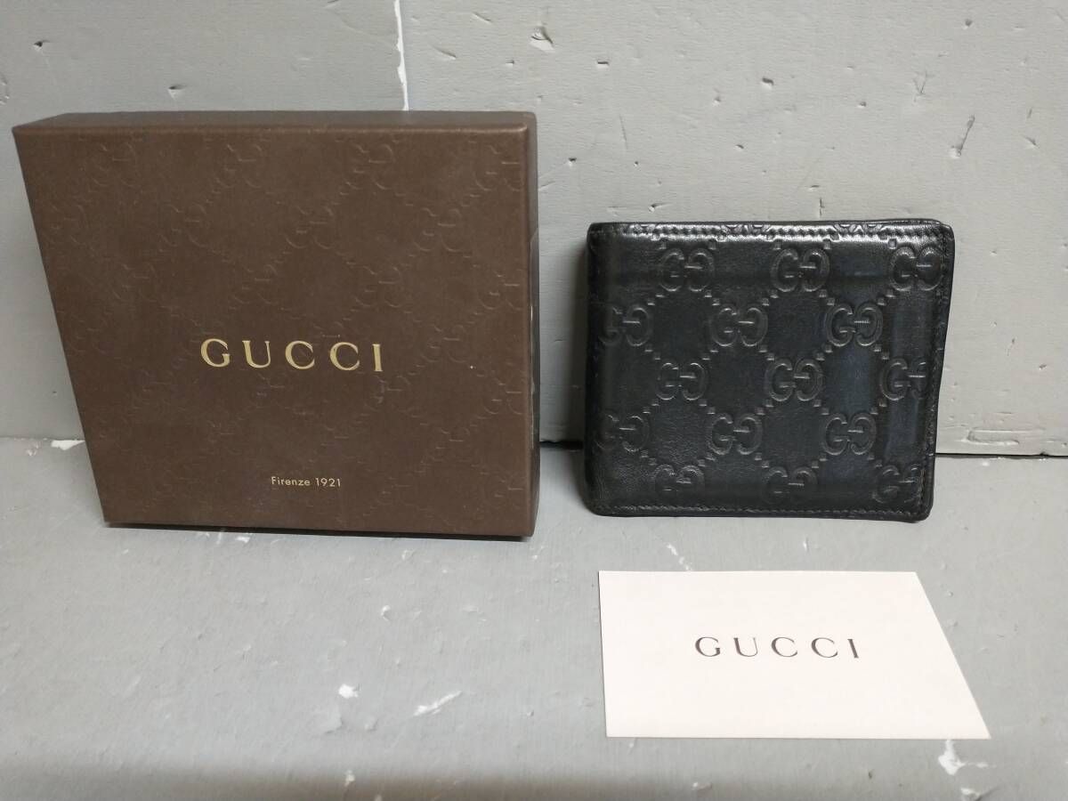 GUCCI グッチ シマ コンパクトウォレット 札入れ 2つ折り財布 GG シマレザー 145754 0416 ブラック系 箱あり
