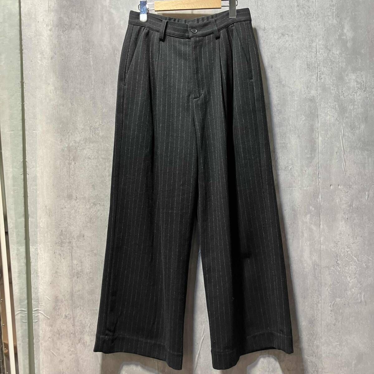 SINSS ロングパンツ Flannel two tuck wide striped slacks サイズS ブラック系 シンス フランネルツータックワイド ストライプスラックス