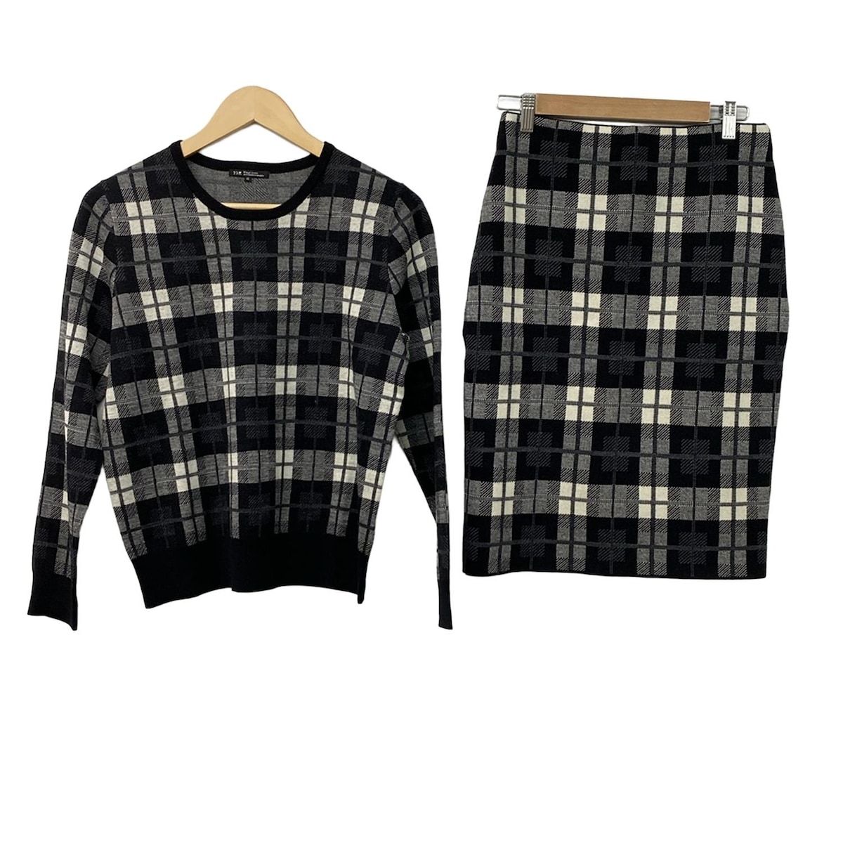 23区 ニジュウサンク スカートセットアップ レディース 黒 白 ニット チェック柄 ウエストゴム