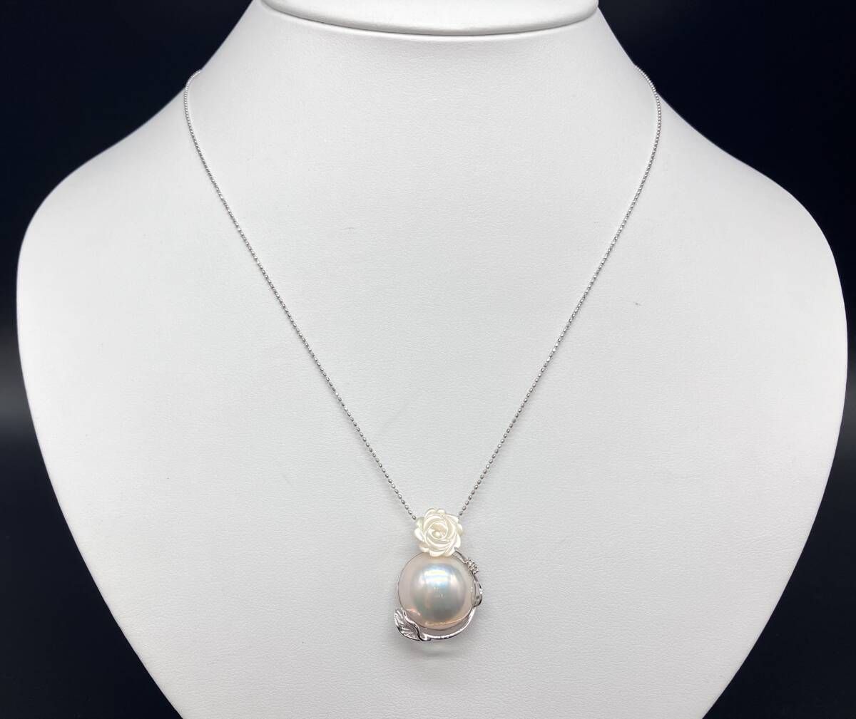 鑑別書付き ハーフパール 天然ダイヤモンド K 18 WG ホワイトゴールド ダイヤ0 02 ct 45 5 cm 総重量6 2 g 調節 ネックレス